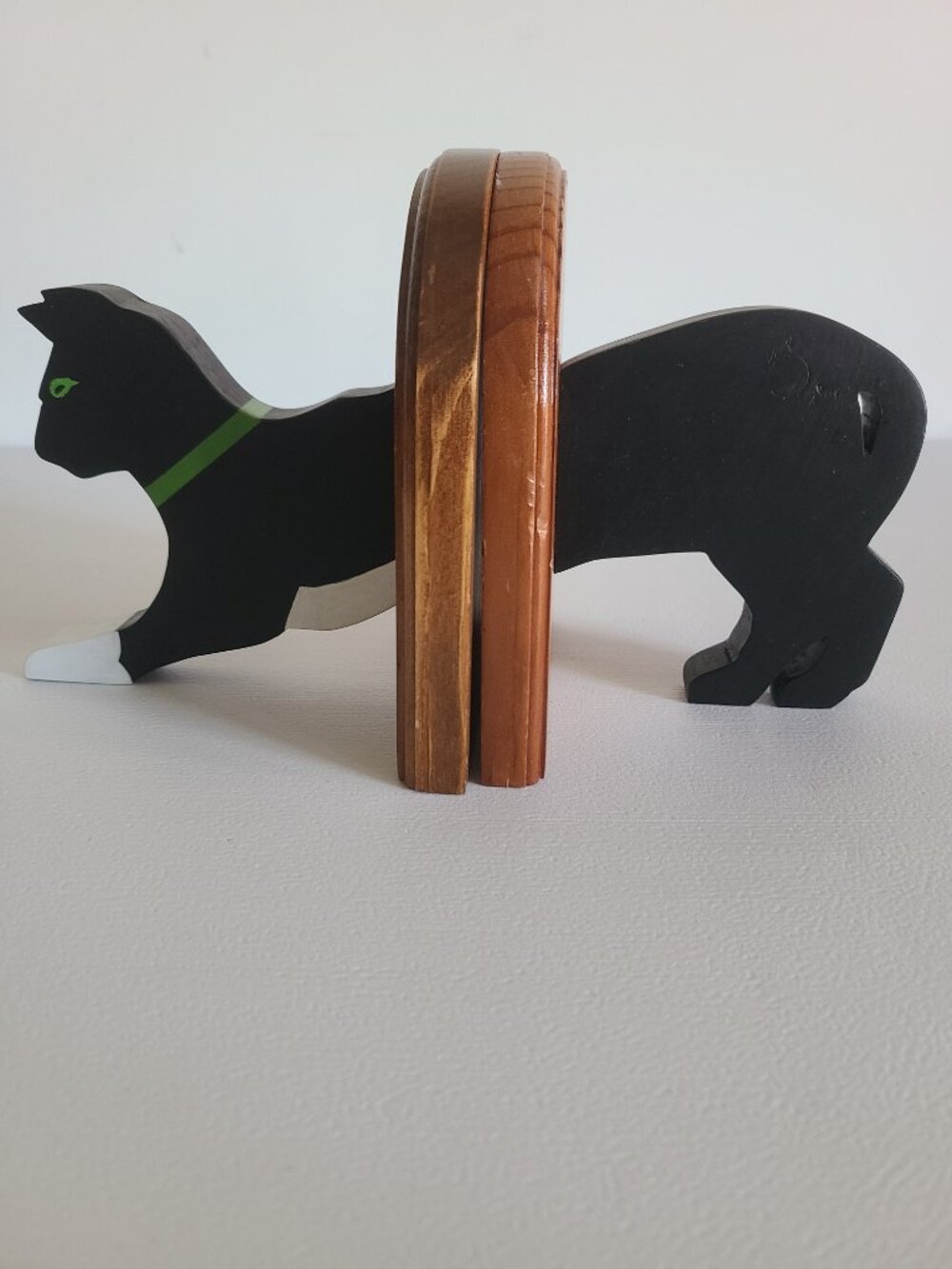 Bookends Wooden Cat Handmade Handpainted Initials WJM Black Cat